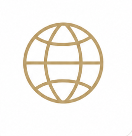 A gold outline of a globe with latitude and longitude lines