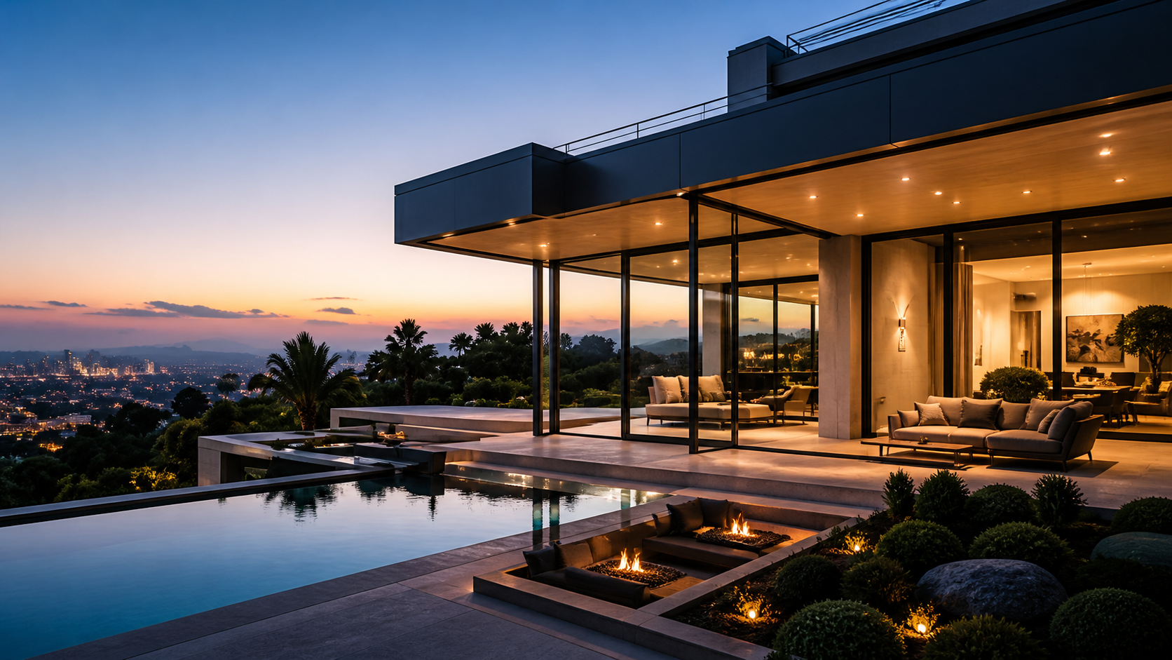 Luxury modern house with glass walls, outdoor pool, and fire pits, overlooking city skyline at sunset.