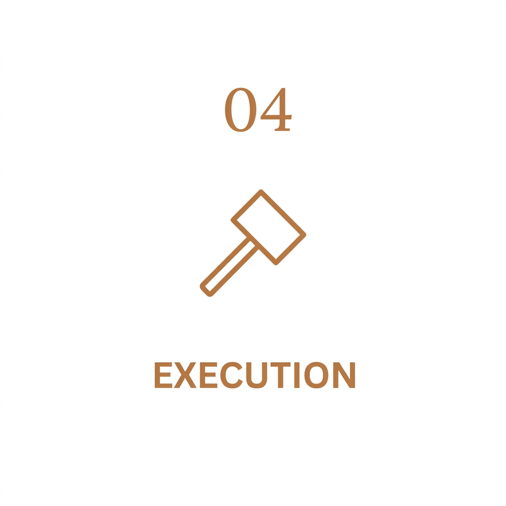 Number 04 with an illustration of a gavel, and the word 'Execution' written below in brown text.