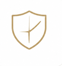 A shield logo with a minimalist design, featuring a gold outline and a gold diagonal line across the white background.