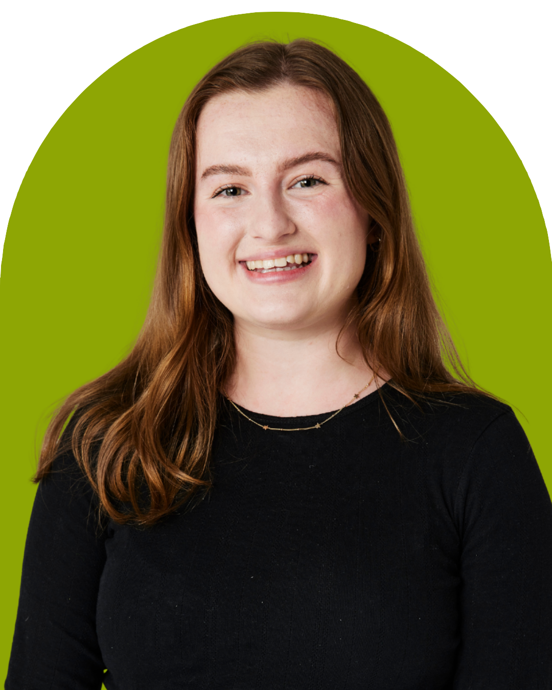A picture of Lauren Geall with long hair smiling, wearing a black top and a delicate necklace, with a green background and an arched border.