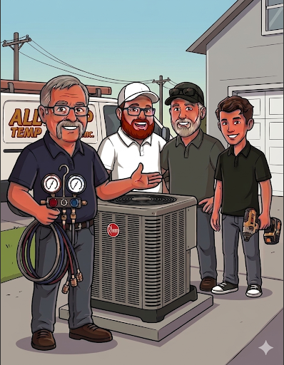 Family-owned All Temp Heating & Cooling team illustration featuring a Rheem AC unit and service van, providing expert HVAC repair and installation in Zanesville, Ohio.
