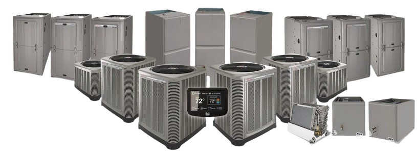Rheem residential heating and cooling product range including furnaces, air conditioners, and heat pumps.