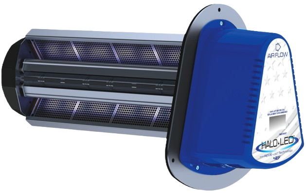 HALO-LED whole home in-duct air purifier for reducing airborne allergens and bacteria.