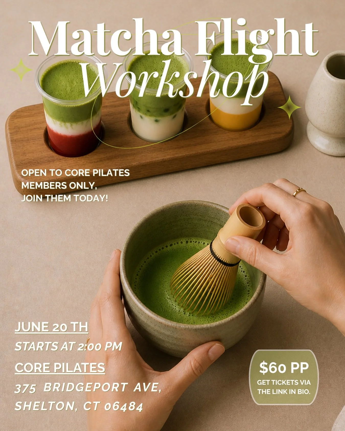 We&rsquo;re teaming up with CORE Pilates for a special private matcha workshop! 🍵✨
Open exclusively to their members &mdash; tickets available through the link in bio.

Learn how to whisk your own matcha and create a custom matcha flight using diffe