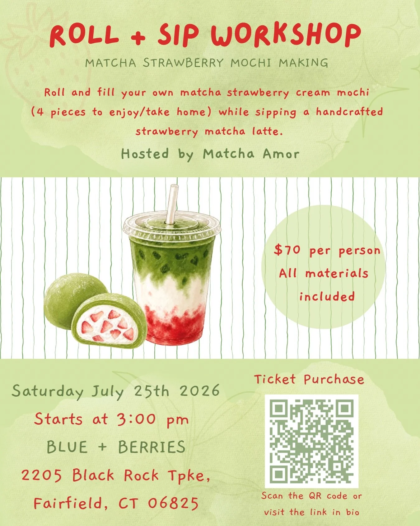 Celebrate summer with a cozy matcha-filled afternoon 🍓☀️🍵

Join us for a hands-on matcha mochi workshop where you&rsquo;ll learn how to roll and stuff 4 soft matcha mochis with fresh strawberries + cream, all while sipping on a refreshing strawberr