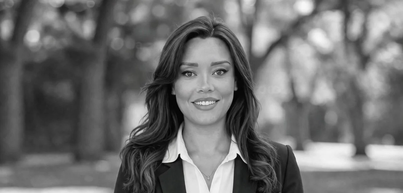A smiling woman with wavy hair wearing a blazer and white shirt outdoors in a park setting with trees in the background.