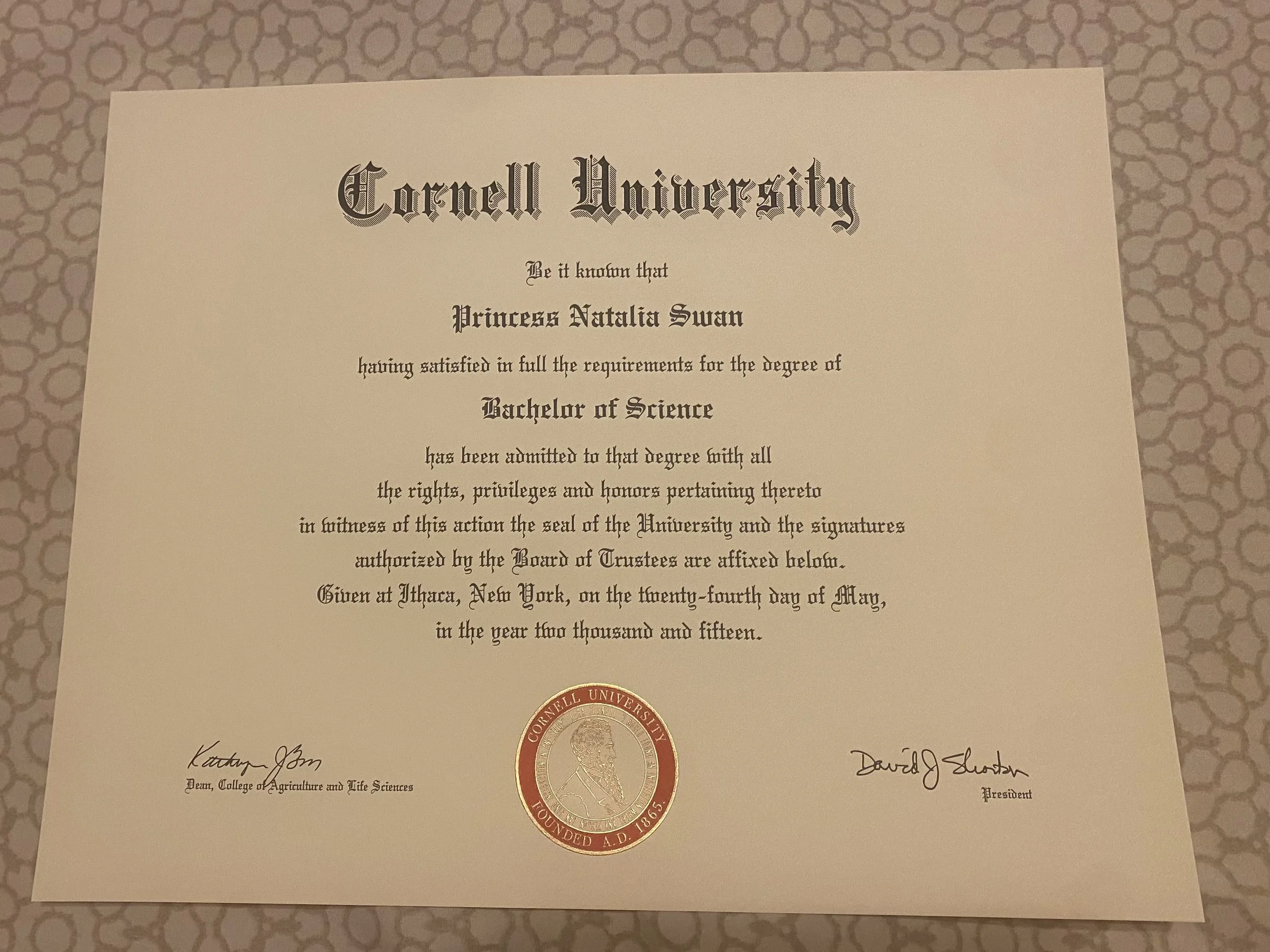 Cornell University degree awarded to Princess Natalia Swan, founder of Guiding Star Prep and the credential behind every strategy she brings to her students.