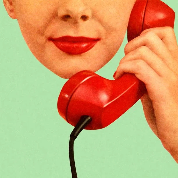 A person's face with red lipstick, holding a red telephone receiver against a light green background.