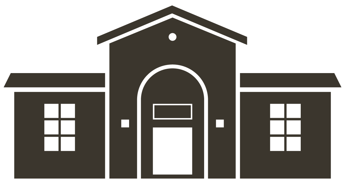 Silhouette of a large house with a central arched entrance, two windows on each side, and a gabled roof.