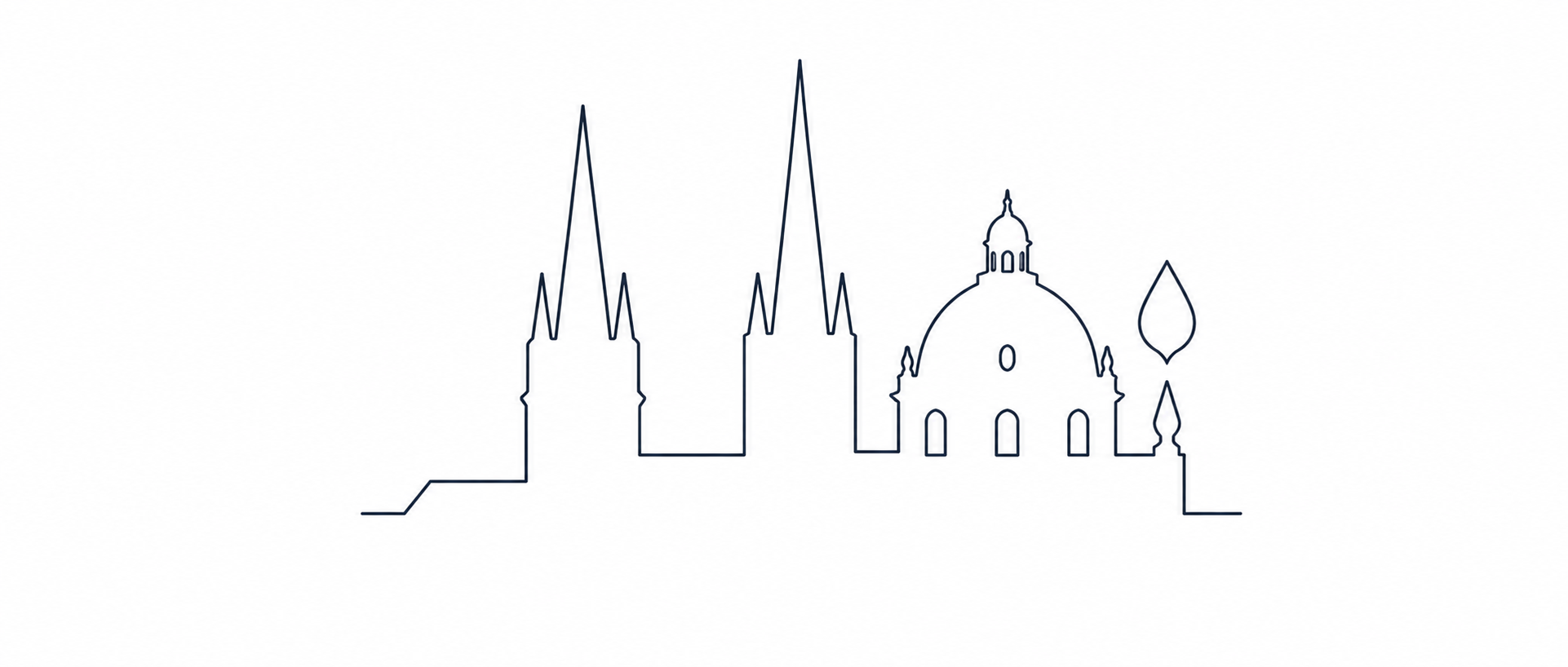 Minimalist line drawing of a city skyline with various church and cathedral domes and steeples.