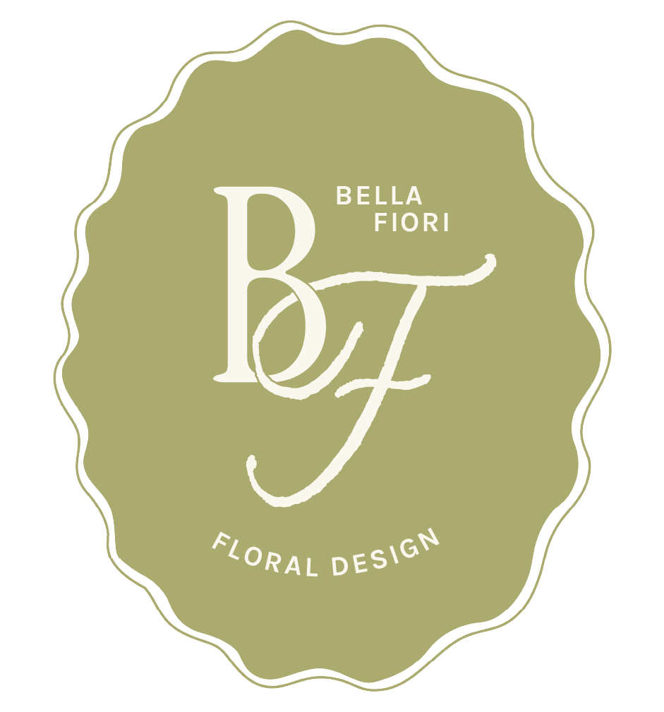 Logo with a greenish badge shape, featuring the text 'Bellafiore Floral Design' and initials 'B F' in a stylized script.