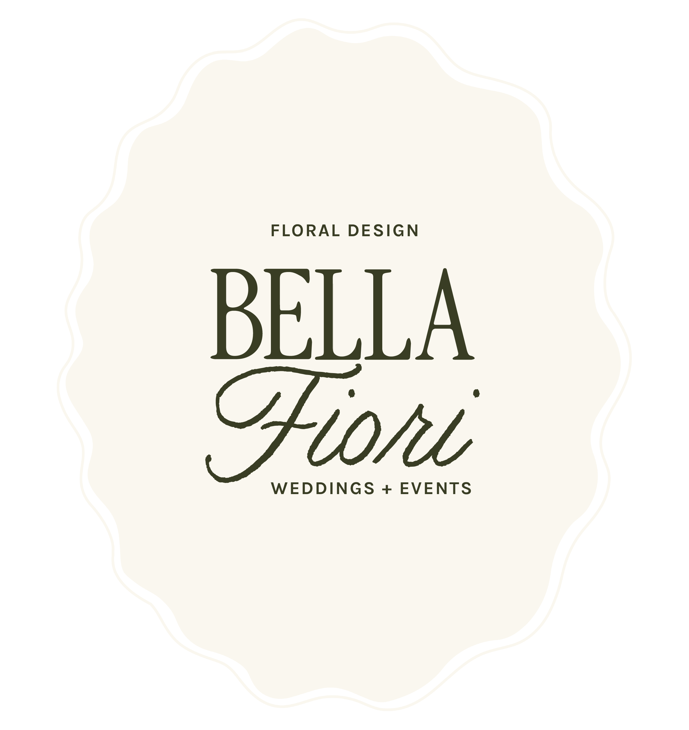 Elegant wedding and event floral design label with black border and white background.