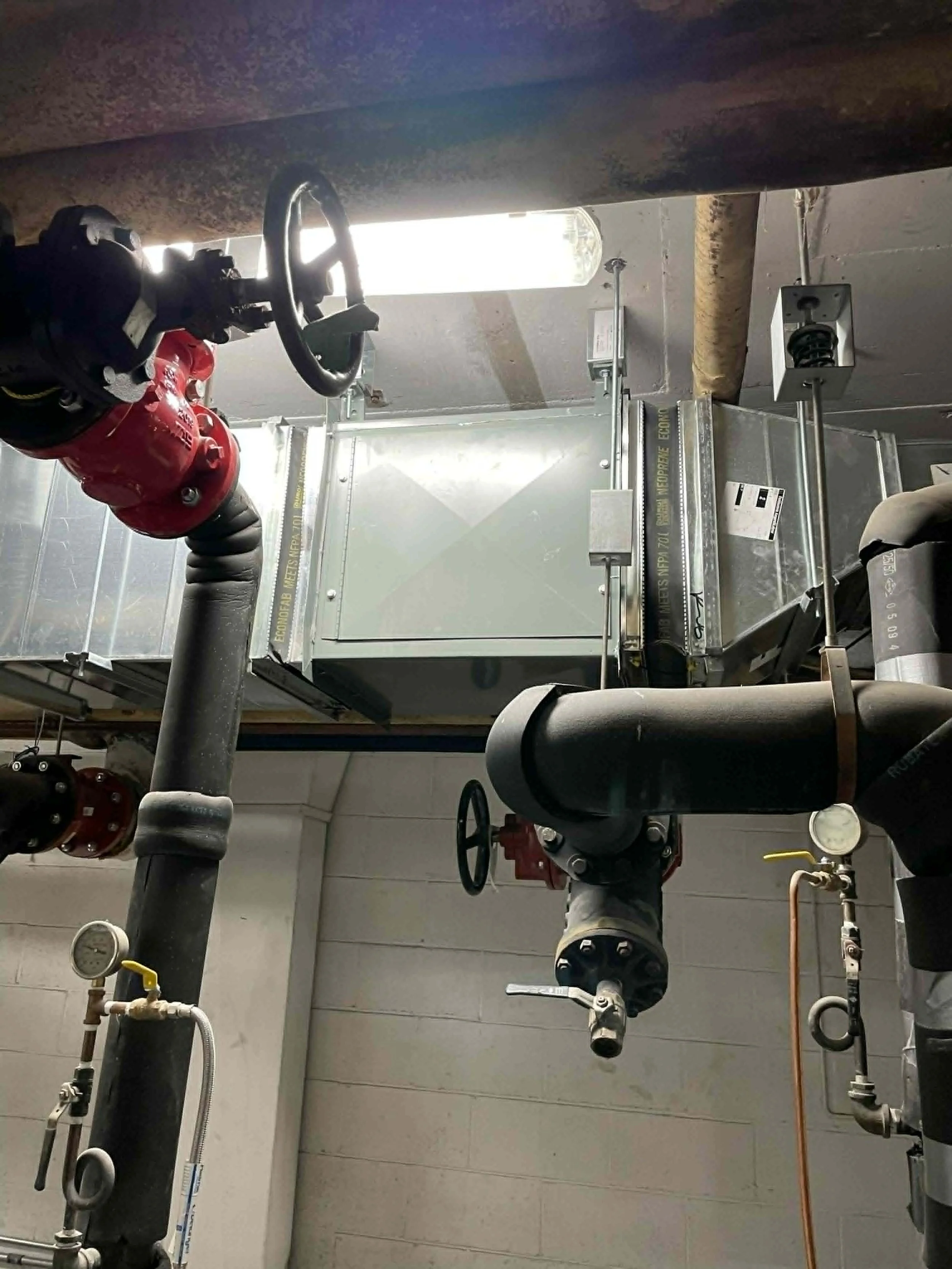Installation de plomberie avec tubes, vannes, pompe, et manomètre dans une chaudière ou un système de chauffage.