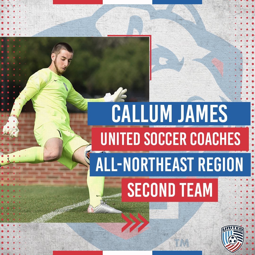 A young male soccer goalkeeper in a neon yellow jersey and gloves, kicking a soccer ball on the field. Overlaid text announcing Callum James as a United Soccer Coaches All-Northeast Region Second Team member, with a faded background of a lion logo and red and blue accents.