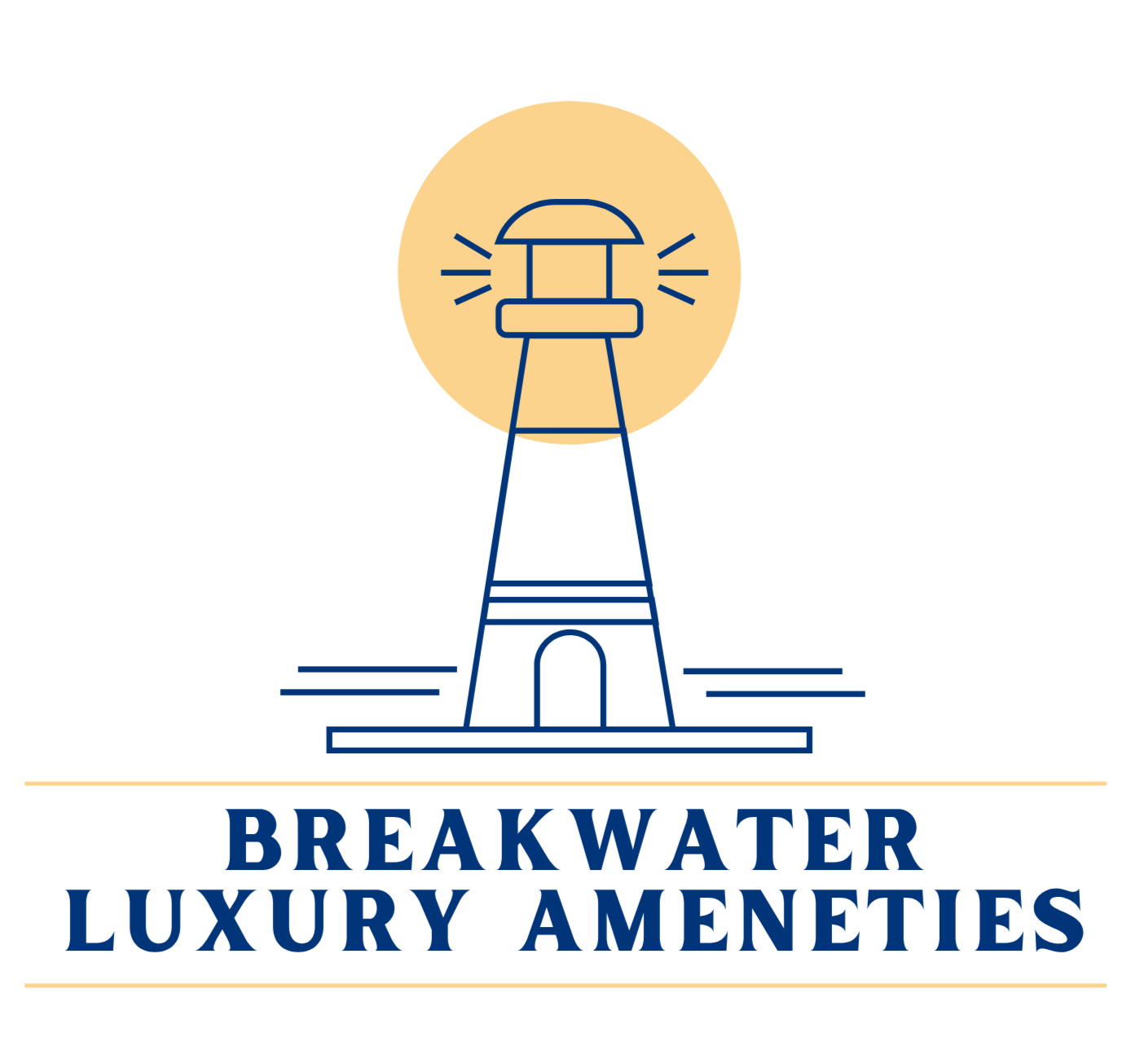 Logo for Breakwater Luxury Amenities featuring a stylized lighthouse with light rays and a yellow circle background, with the company name in bold blue letters beneath.