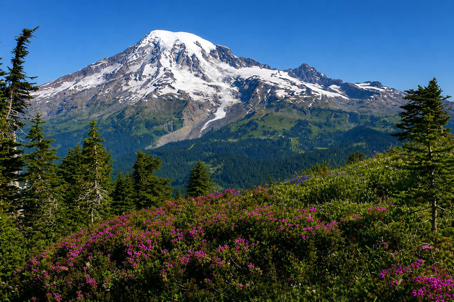 Snow-capped mountain with green forest at its base and purple wildflowers in the foreground beneath a clear blue sky.