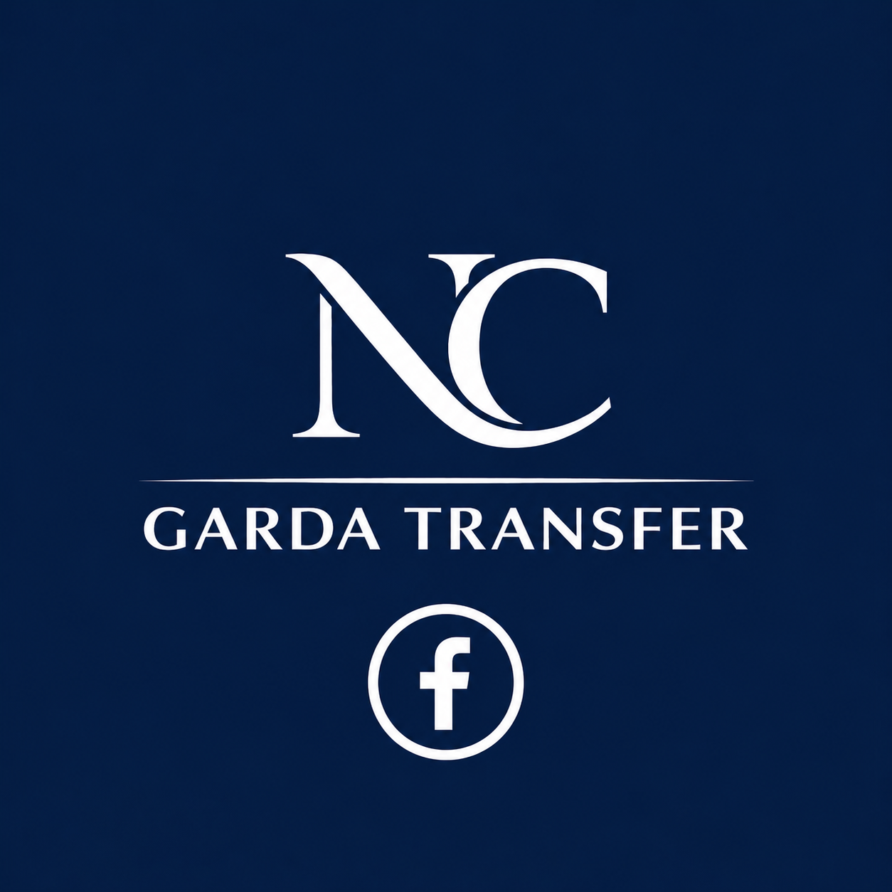Logo con lettere NC, scritto GARDA TRANSFER e simbolo di Facebook su sfondo blu.