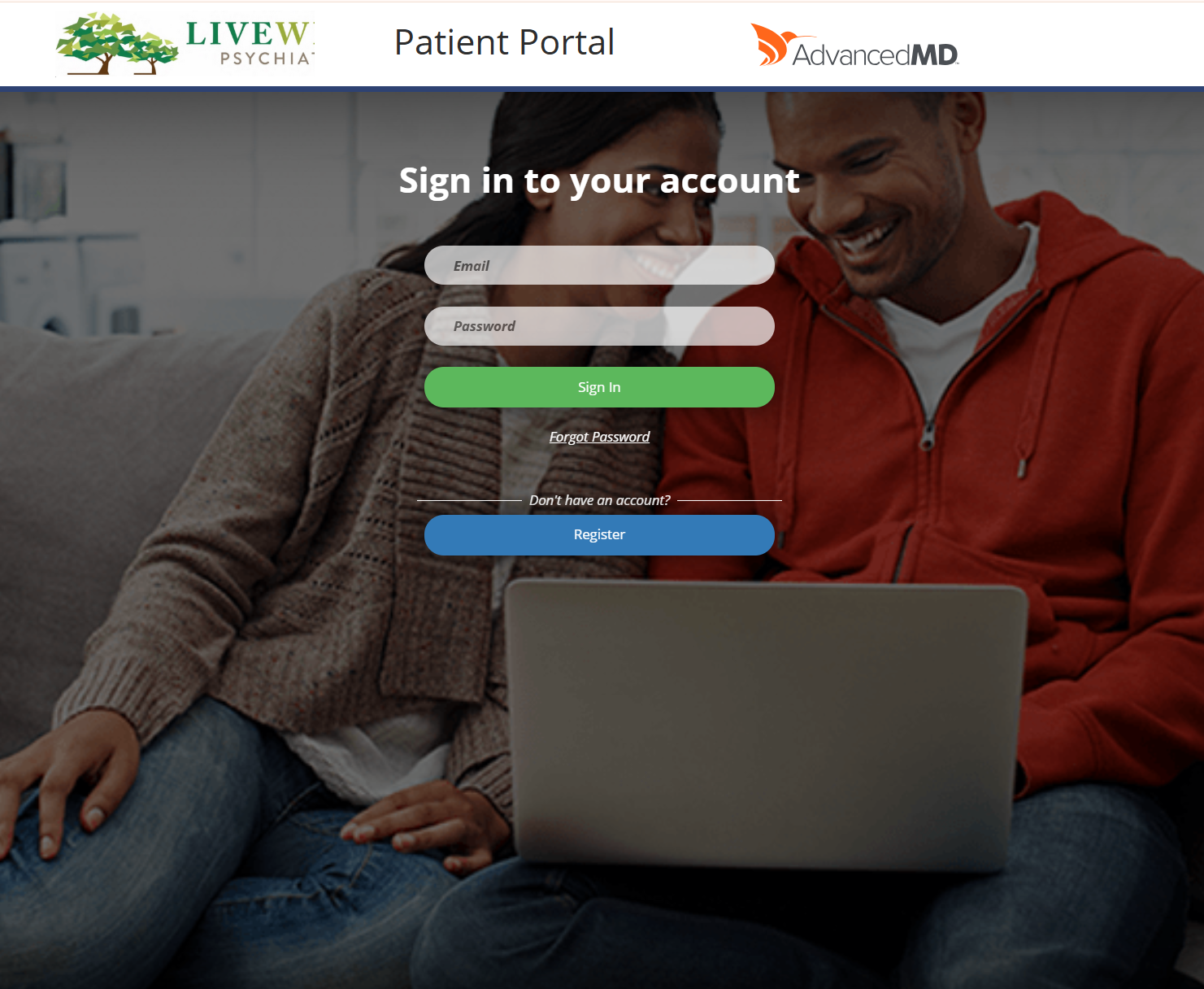 A man and woman sitting on a couch looking at a laptop together, with a patient portal login screen overlayed on the image. The login screen has fields for email and password, and buttons for sign in, registration, and links for forgot password and account creation.