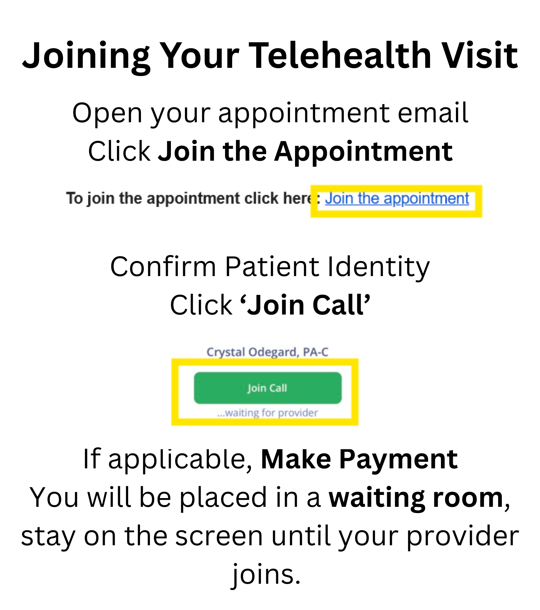 Instructions for joining a telehealth appointment, including opening an appointment email, clicking links, and waiting in a virtual waiting room, with a highlighted 'Join the appointment' link and a 'Join Call' button.