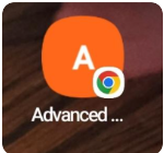 Android app icon with an orange background and a white letter 'A', labeled 'Advanced'.