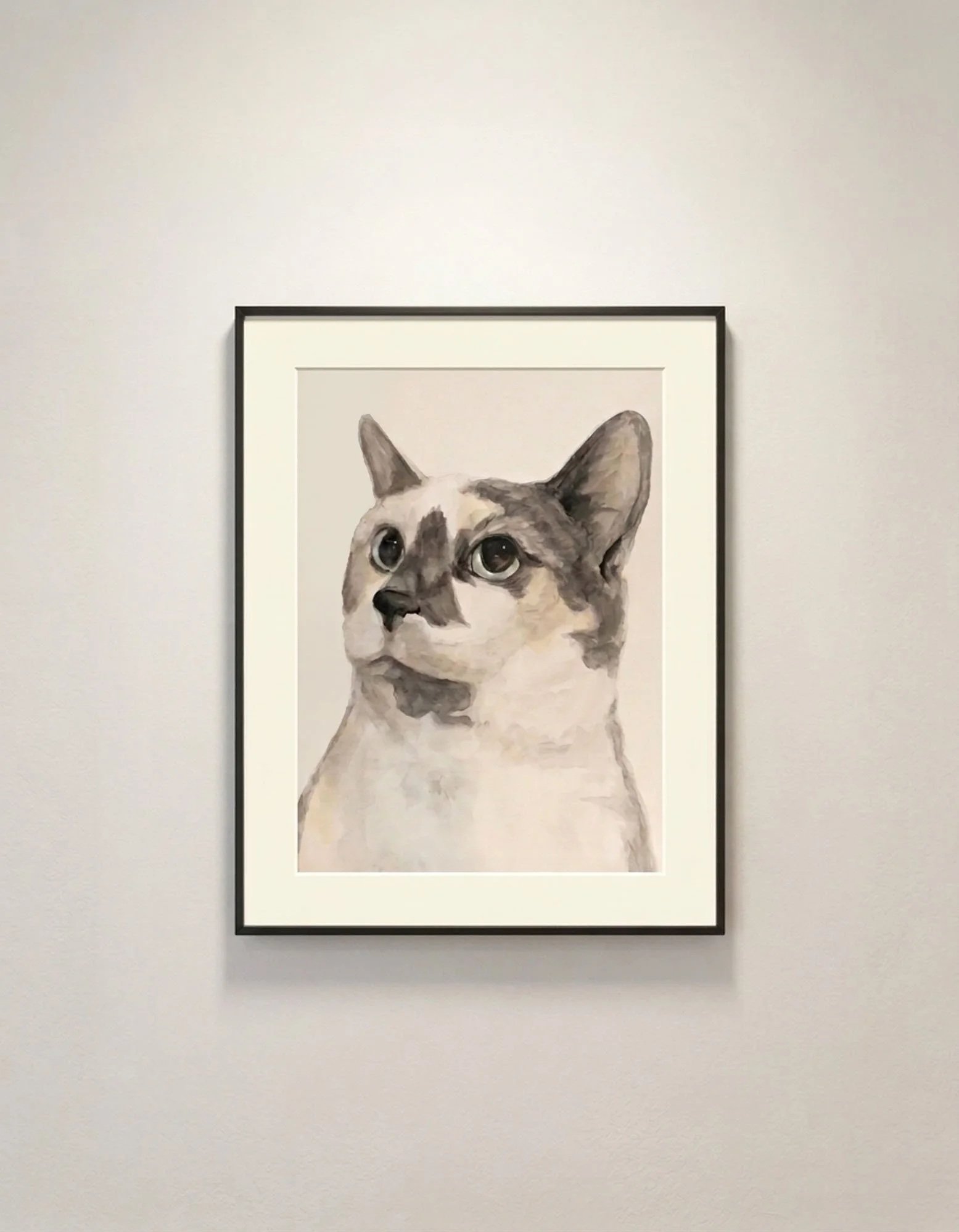 Framed watercolor and gouache realistic painting of a grey and white cat on a white gallery wall.