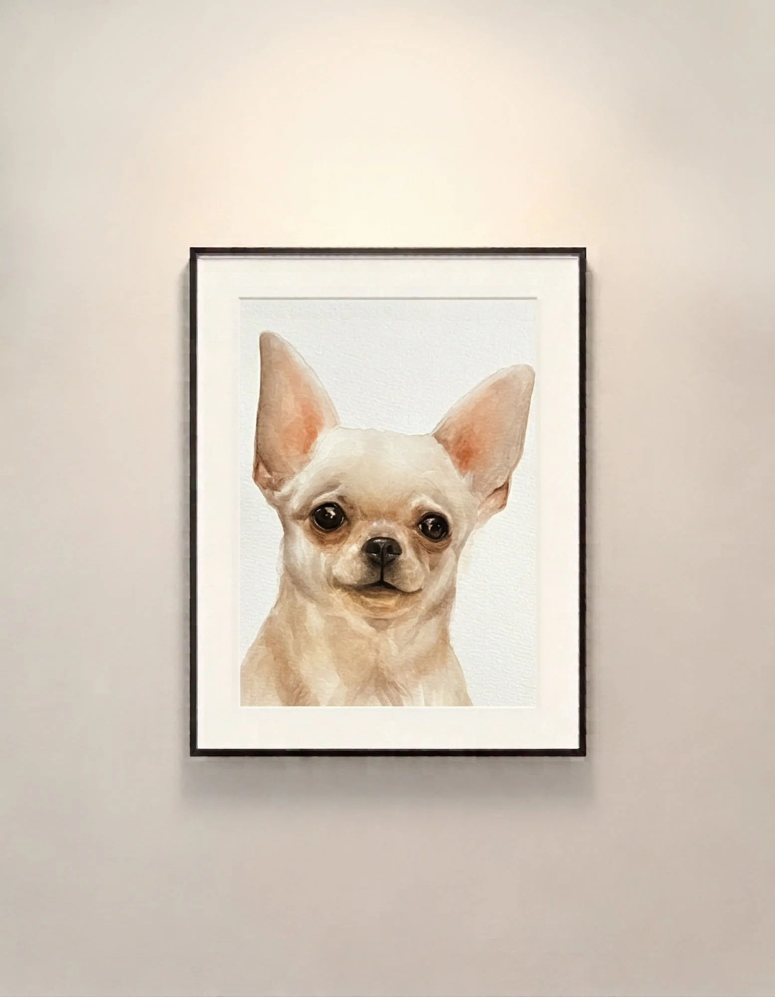 A framed watercolor and gouache realistic painting of a tan chihuahua with large ears and expressive eyes, positioned against a white gallery wall.