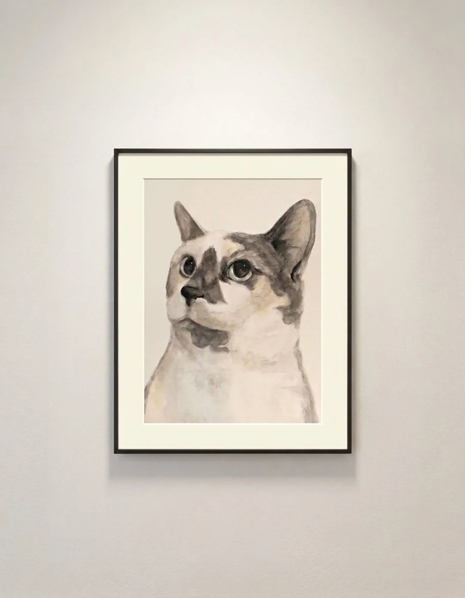 Framed watercolor and gouache painting of a Siamese cat with expressive blue eyes, hung on a white gallery wall.