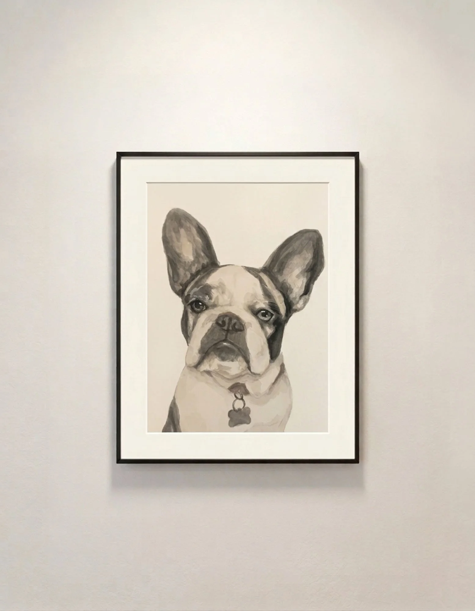 A framed watercolor and gouache realistic painting of a grey and white French Bulldog, displayed on a white gallery wall.
