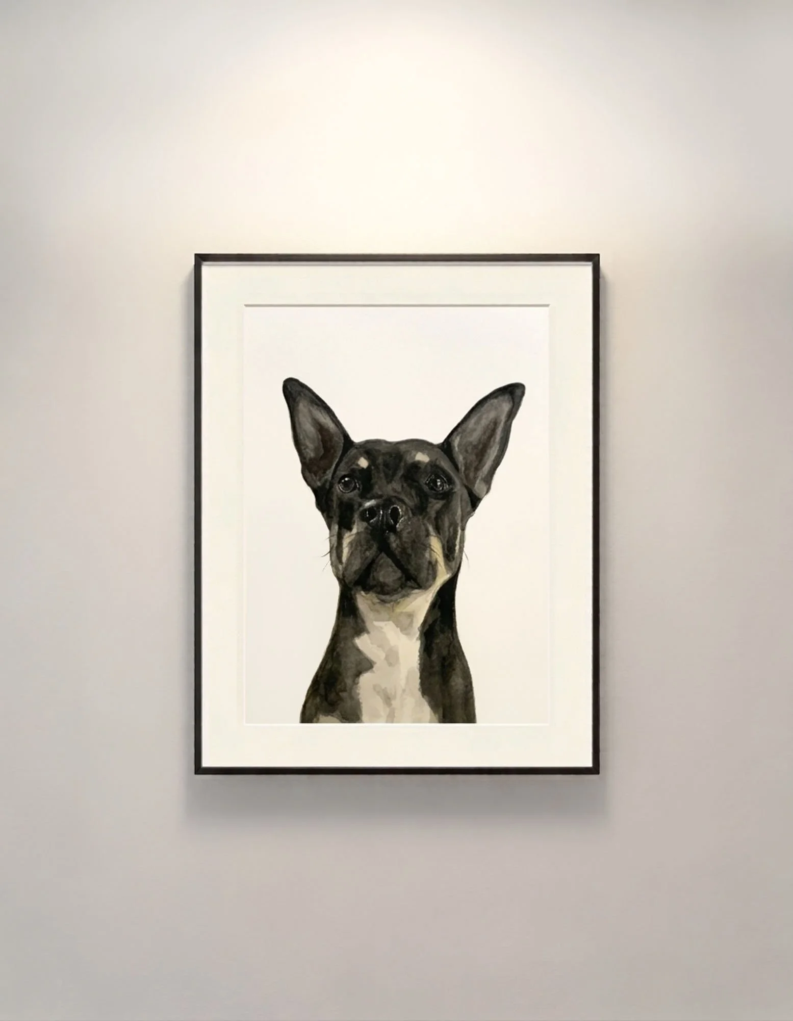 A framed watercolor and gouache realistic painting of a small black smooth-coat dog, with large ears and dark eyes, on a white gallery wall.