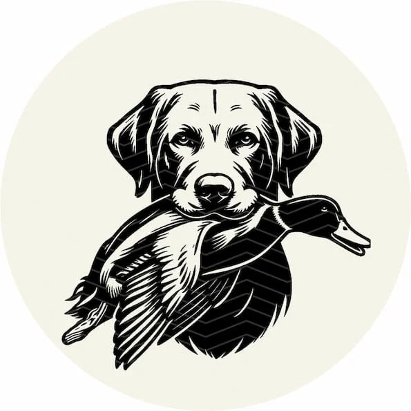 Illustration of a dog holding a duck in its mouth.