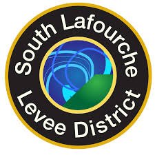 South LaFourche Levee District logo with a black and gold border, featuring abstract blue lines and green shapes depicting water and land.