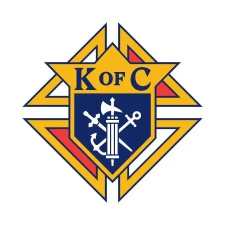 The Knights of Columbus logo featuring a blue shield with a sword, anchors, and a column, with the letters K of C and a gold and red geometric background.