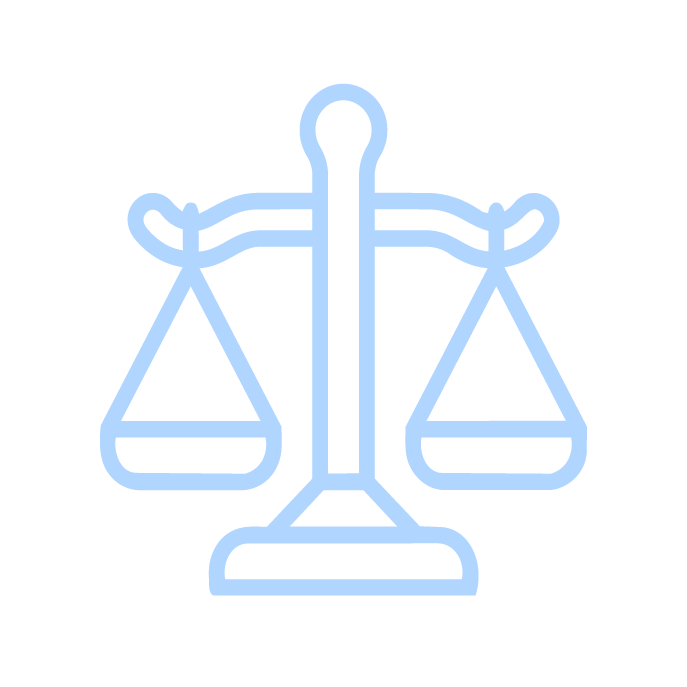 Neon icon of balanced scales representing justice or law.