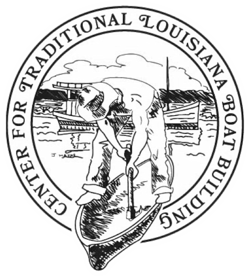 Seal of the Center for Traditional Louisiana Boat Building featuring a man in a hat shaping a boat in a yard with water and boats in the background.