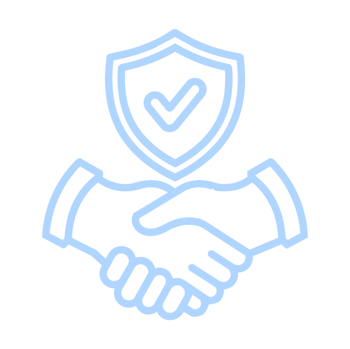 Line drawing of two hands shaking with a shield and check mark above them, symbolizing security or trust.