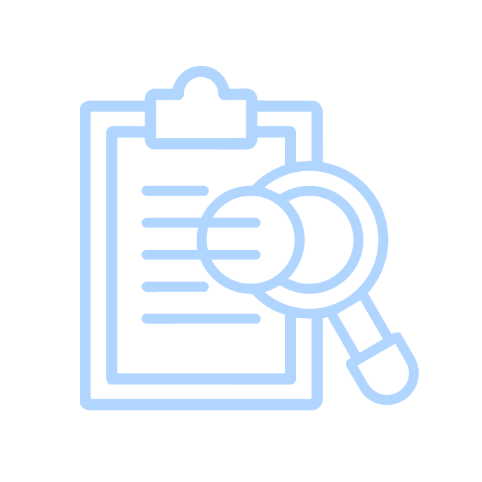Outline of a clipboard with a magnifying glass over it.