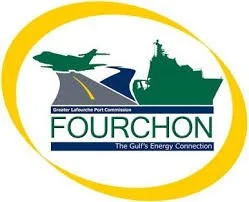 Fourchon Port logo with a plane, a ship, and a road, and the text 'Fourchon The Gulf's Energy Connection'.