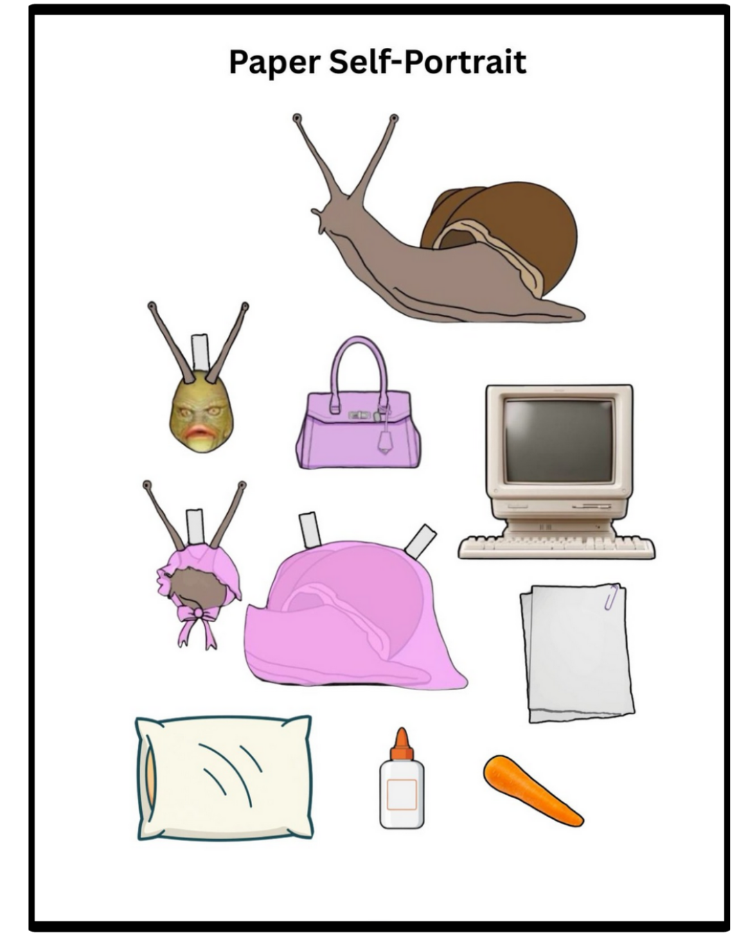 A collection of household objects arranged as a paper self-portrait. Includes a snail, a green monster mask, a purple handbag, an old computer monitor, a white pillow, a small bottle of glue, a carrot, a purple bag, and a stack of papers.