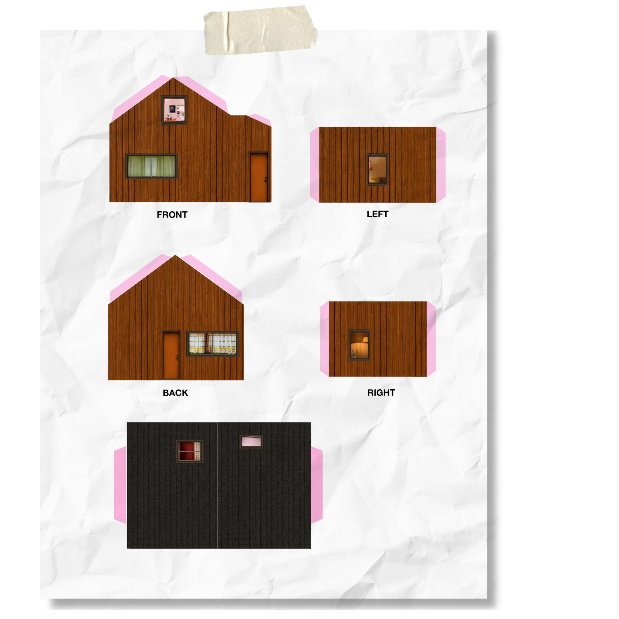 Blueprint of a house, showing front, left, back, and right views with colored and textured wall designs and window placements.