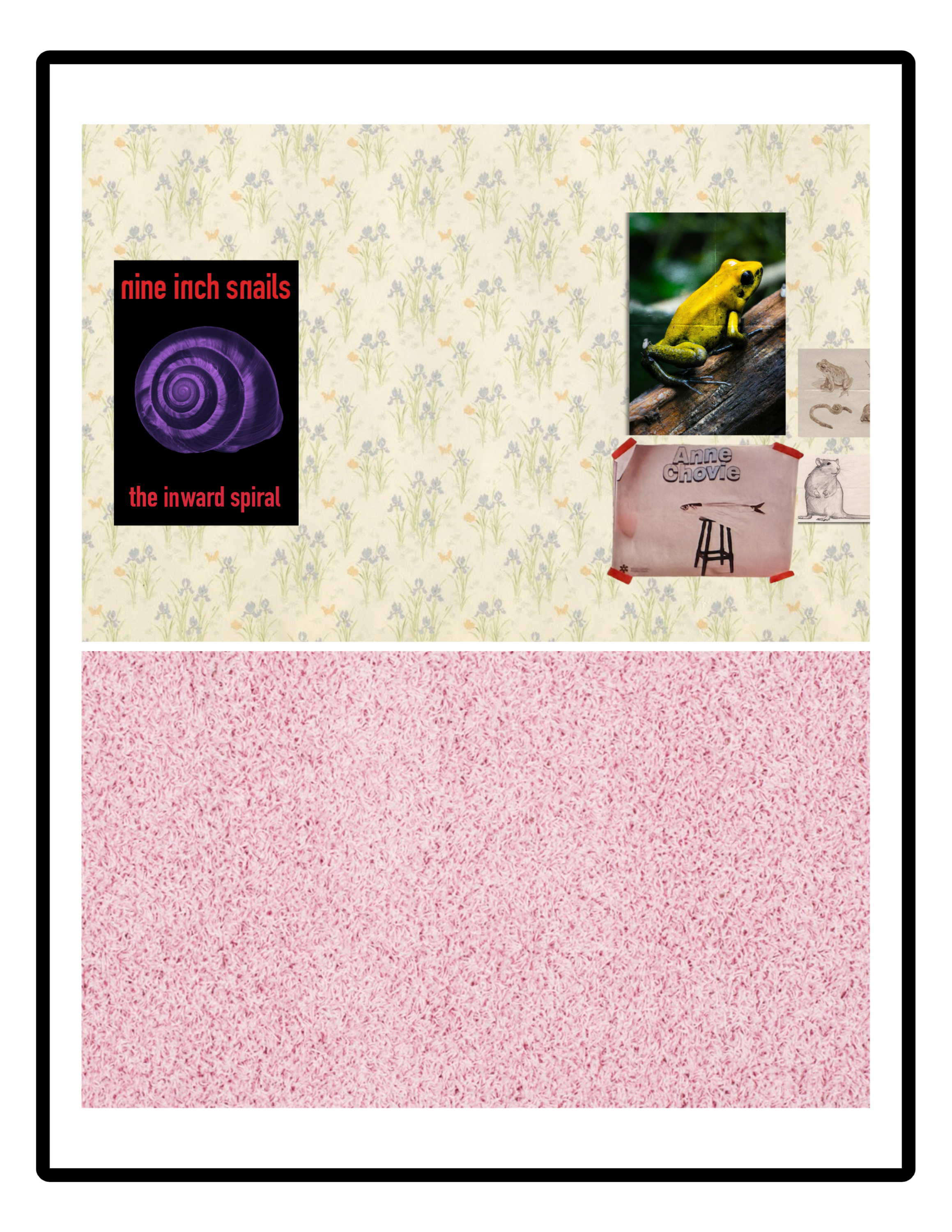 A collage with a black background on the left and a floral wallpaper on the right, featuring a purple poster titled 'nine inch snails', a photo of a yellow frog on a branch, and sketches. This is a layout for the miniature paper bedroom diorama.