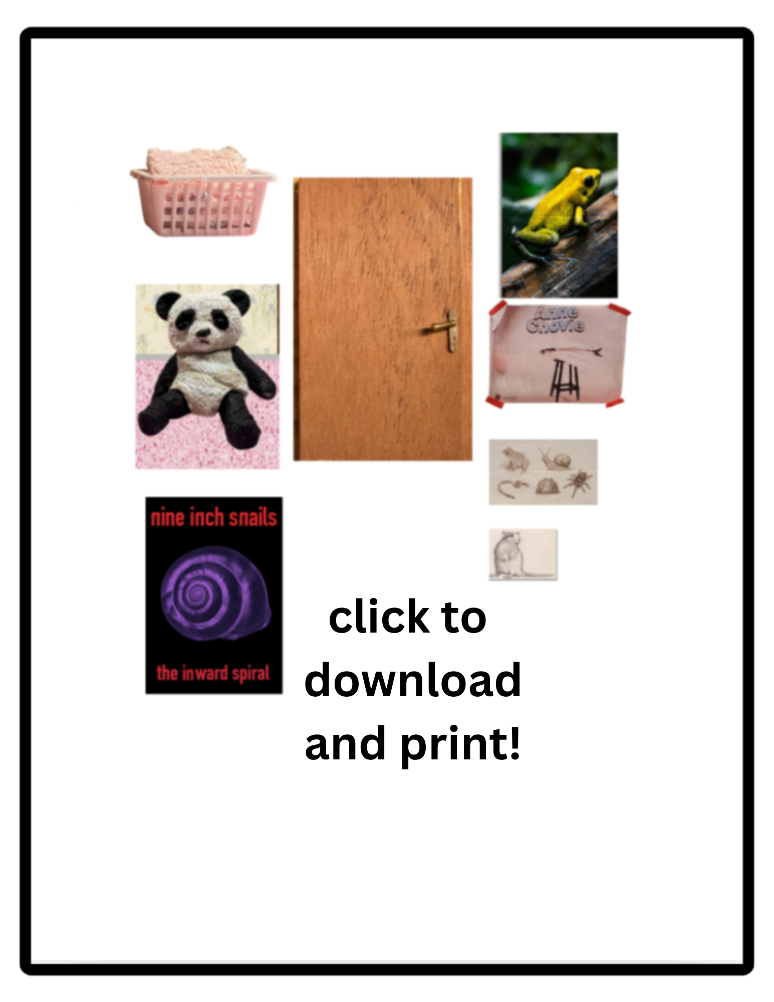 A digital download page with a pink basket and stuffed panda bear, a wooden door, a yellow frog on a log, a pink cloth with writing, and two sets of small images of animal sketches and spiral patterns. The text indicates to click to download and print.