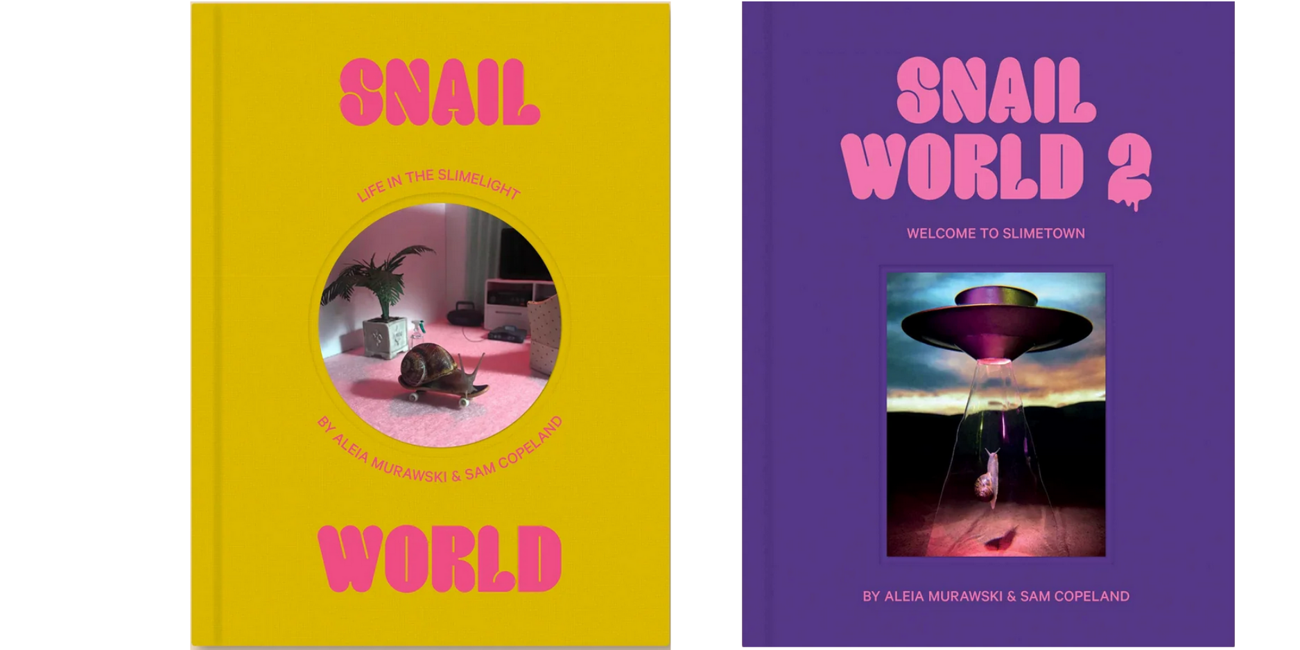 Two book covers titled 'Small World' by Aleia Murawski & Sam Copeland. The left cover is yellow with a circular cutout showing a room with a snail on a skateboard. The right cover is purple with a picture of a UFO with a snail hovering underneath.