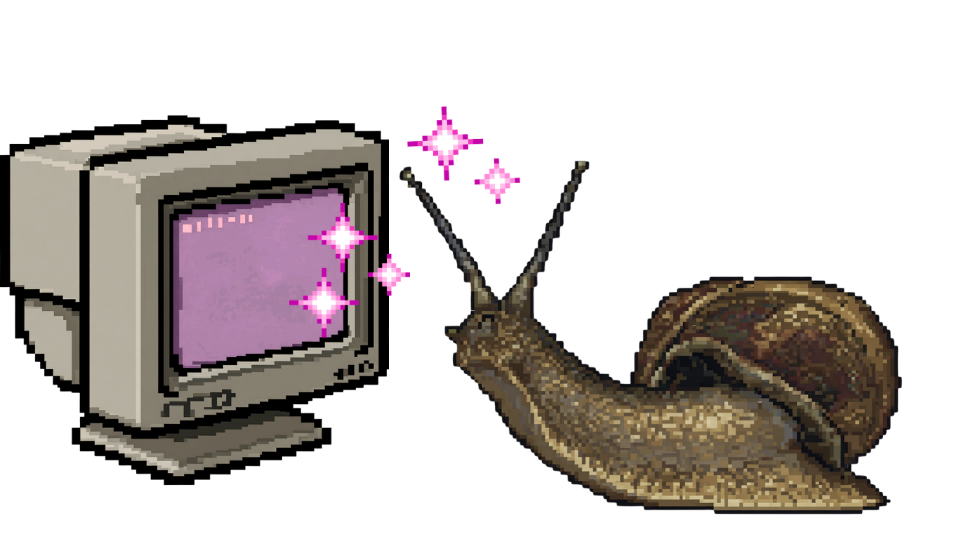 Pixel art image of a snail  an old computer monitor surrounded by pink sparkles.
