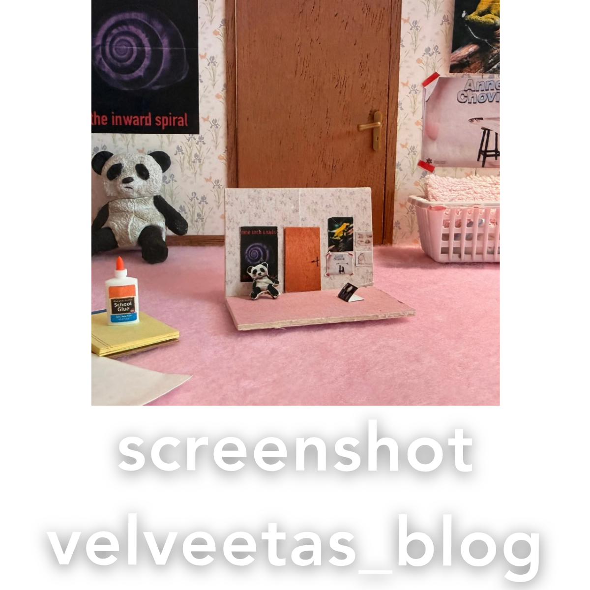 A pink bedroom showcasing a miniature bedroom within it. There is a stuffed panda toy, a glue bottle! Tiny posters on the wall, one of which has a spiral design and red text that reads 'Nine Inch Snails: the inward spiral'.
