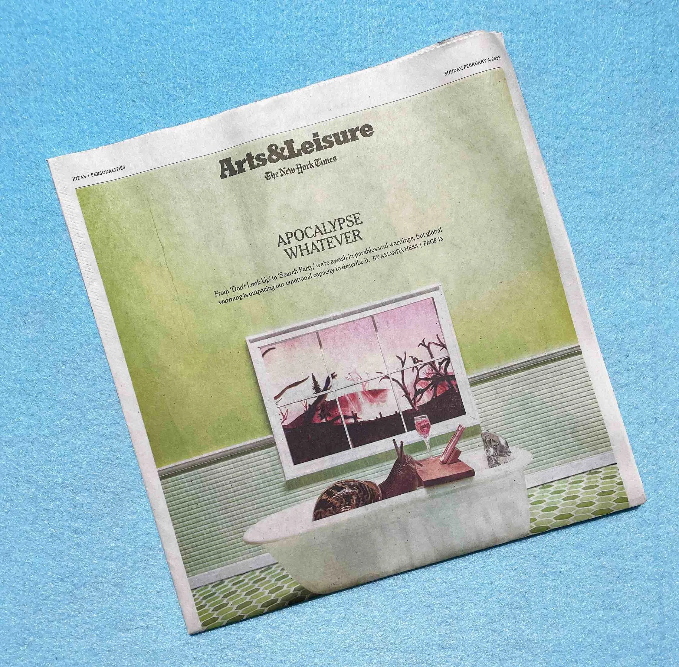 Part of a newspaper titled 'Arts & Leisure' New York Times cover, on a blue carpet, featuring an article about an apocalyptic theme with various images and illustrations made by Aleia Murawski and Sam Copeland. 