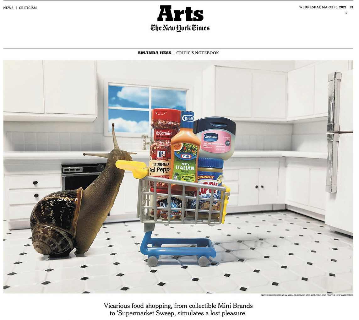 A snail with a miniature shopping cart filled with food items in a kitchen. A commissioned image for New York Times mini brands feature. 
