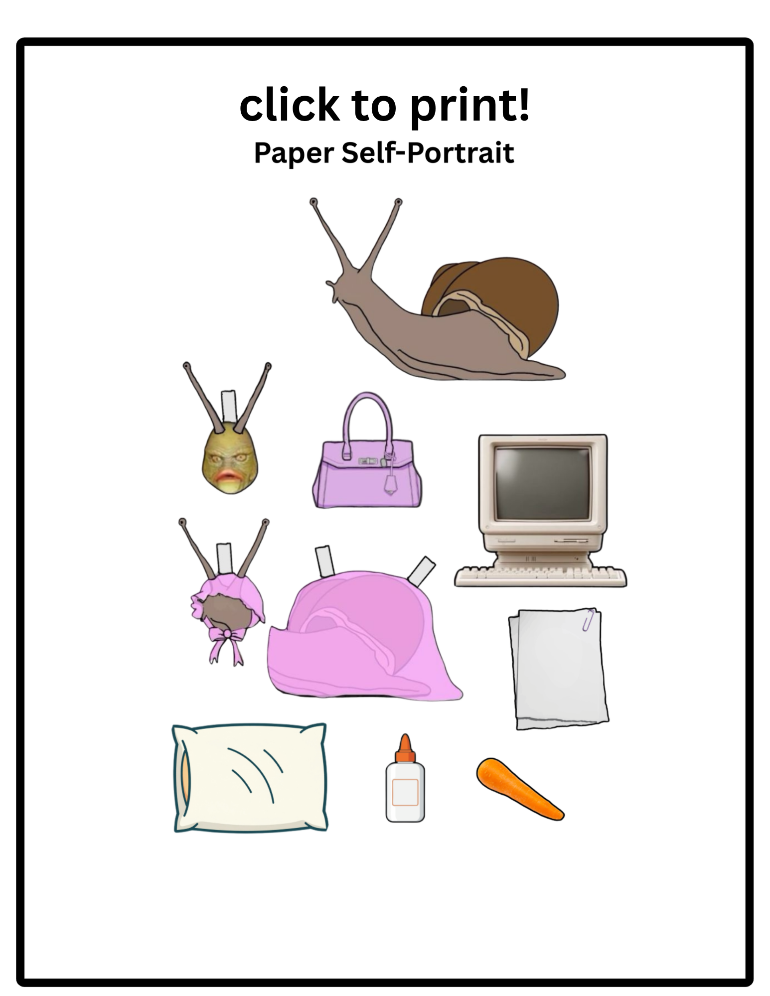 A collection of illustrated objects including a snail, a face mask, a purple handbag, a vintage computer, a pillow, a bottle of glue, an orange carrot, and other miscellaneous items.