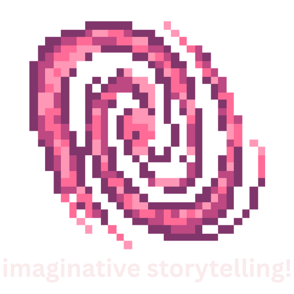 Pixel art image of a pink black hole describing Beef's World's process and production.