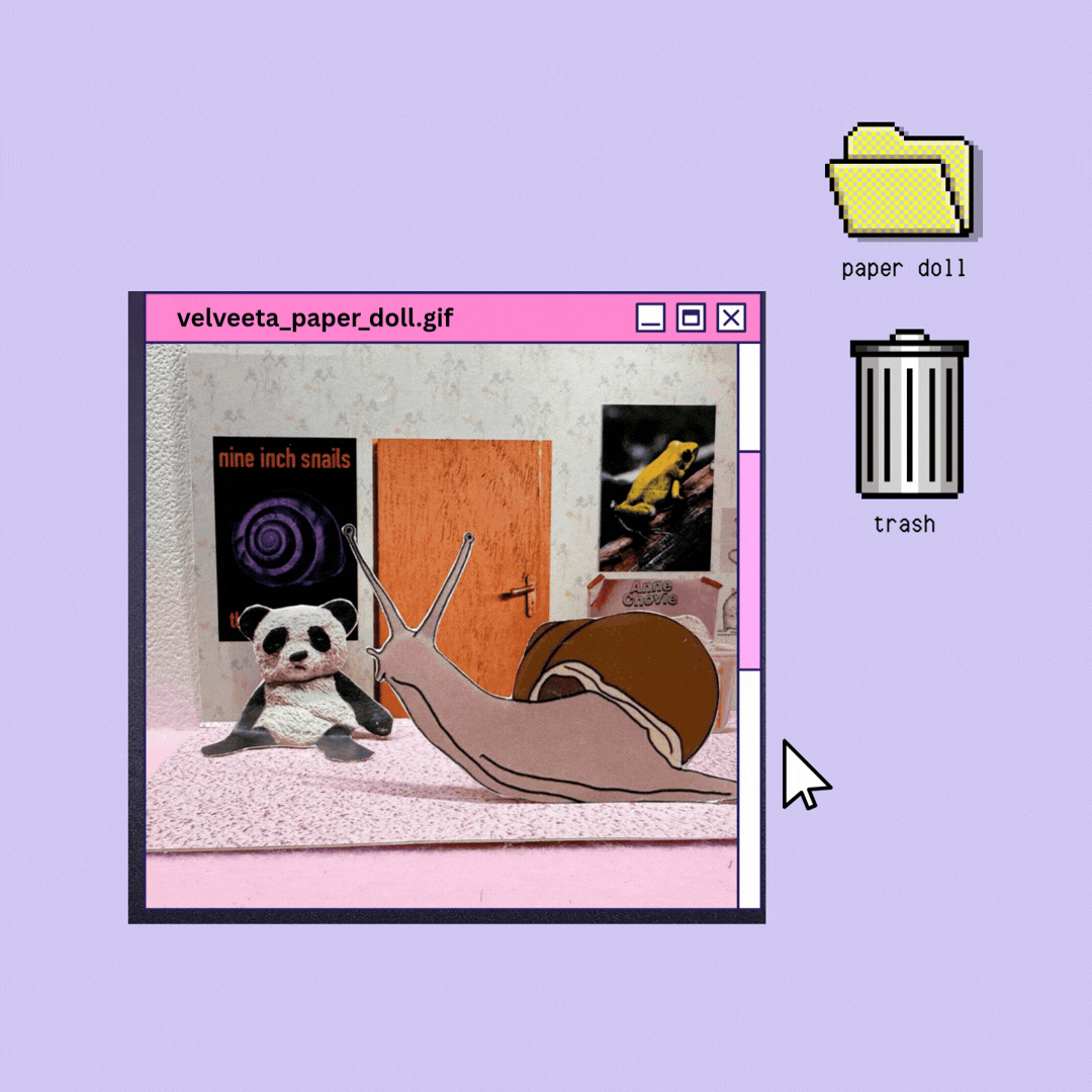 Digital illustration of a desktop window showing a gif of Velveeta the snail in different outfits.